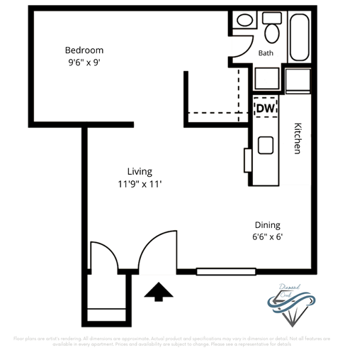 Floor plan for 1 bed, 1 bath, 500 sqft